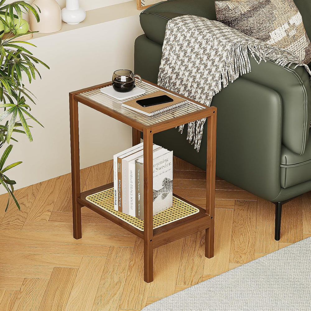 Bamworld Rattan Side Table Boho End Table 2-Tier with Storage Living Room