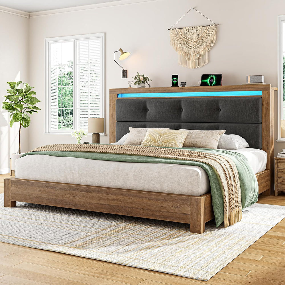 EnHomee King Size Bed Frame with Upholstered Storage Headboard,Grey