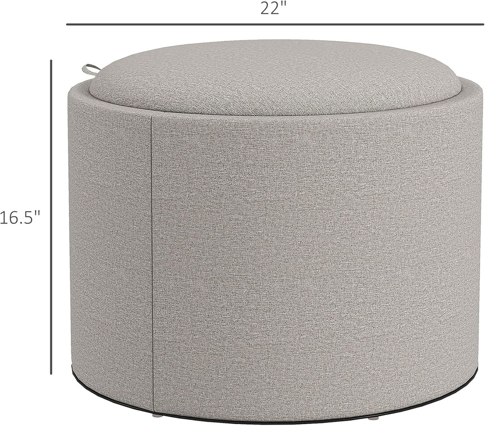 HOMCOM Round Storage Ottoman with Flip Top Tray, Footstool, Light Gray | Upho...