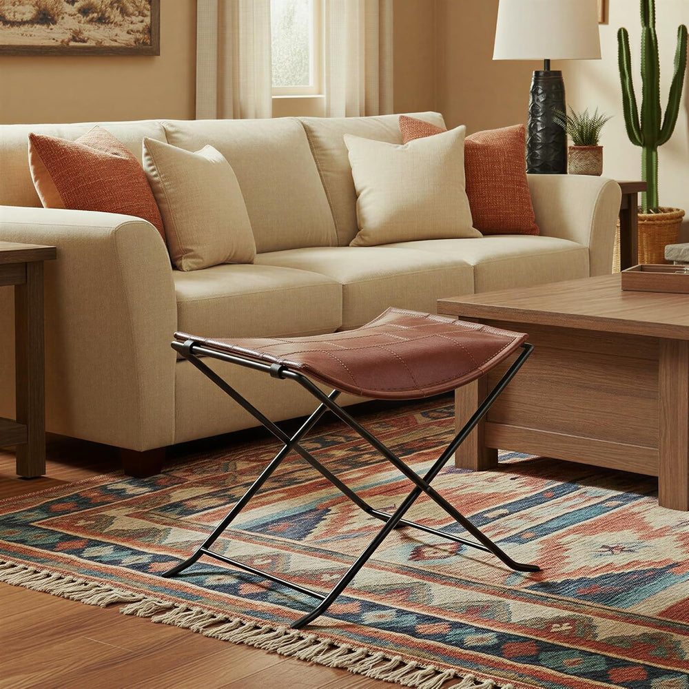 Creative Co-Op Collapsible Leather and Metal Stool, Russet Brown