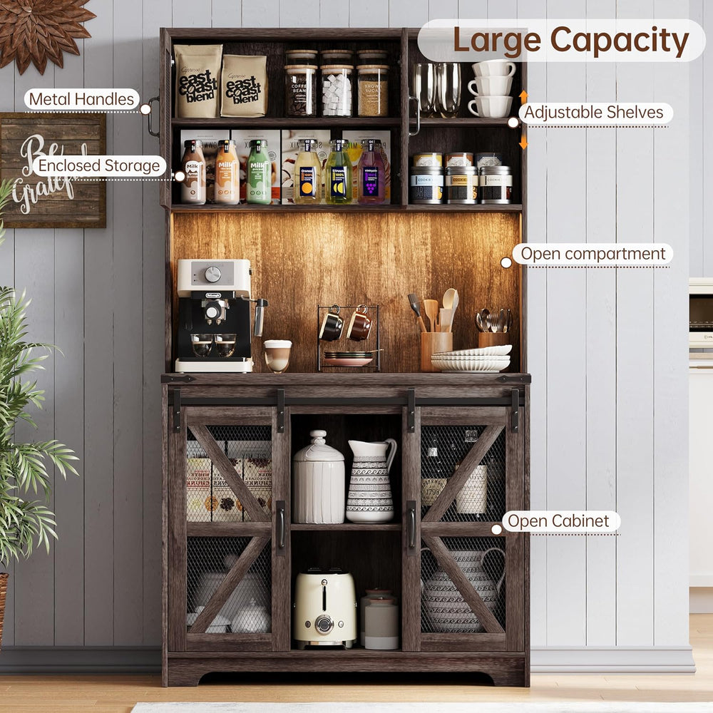 71" Farmhouse Pantry Storage Cabinet With LED Lights and Charging Statio...
