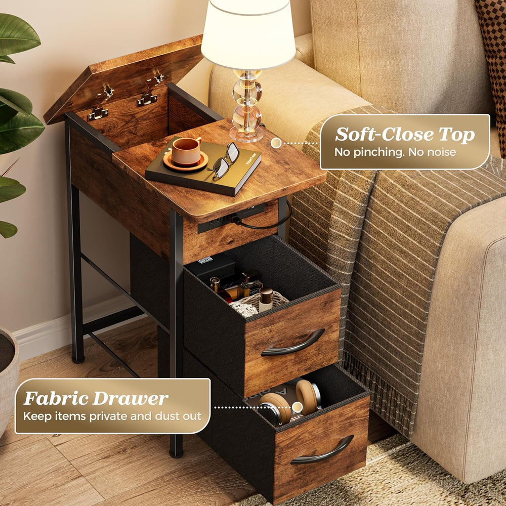 Huuger Narrow End Table with Charging Station, Side Table with 2 Drawers