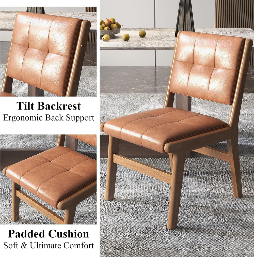 Faux Leather Dining Chairs Set of 2, Comfy Seat, Solid Wood Frame, Brown