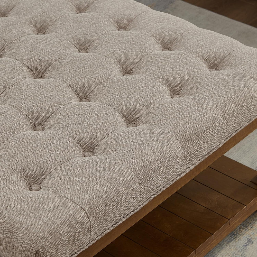 Large Square Upholstered Tufted Linen Ottoman Coffee Table, Large Footrest Ot...