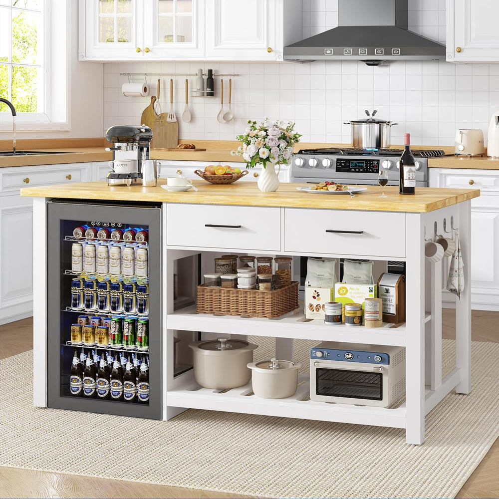 DynJest 60" Kitchen Island with Storage and Seating, Drawers, Hooks, Whi...