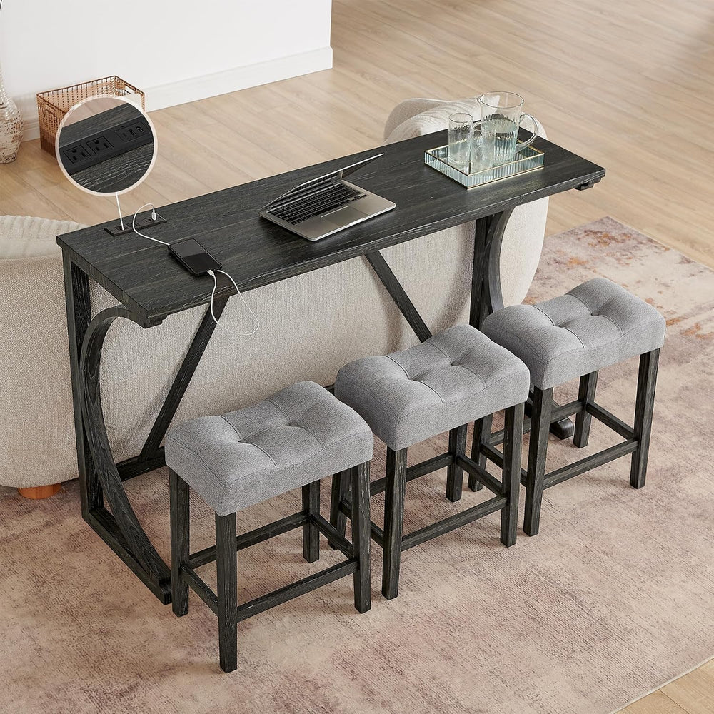 Merax 59 Inch Industrial Bar Table Set with Power Outlet, 3 Linen Upholstered...