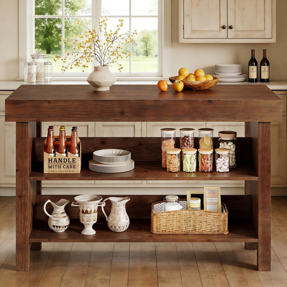 55" Solid Wood Kitchen Island with Storage, Farmhouse Kitchen Island Tab...