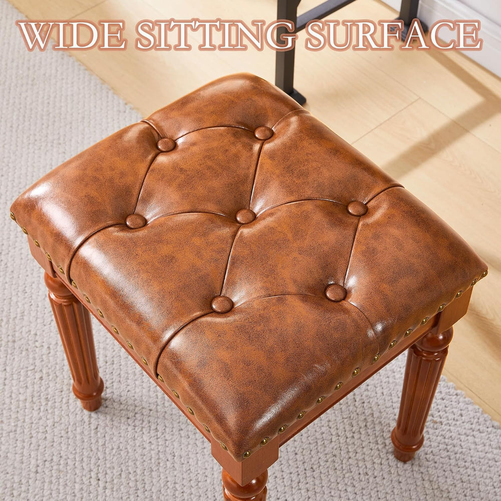 Microfiber Leather Vanity Stool for Makeup,Solid Wood Carvied Vanity Bench Se...