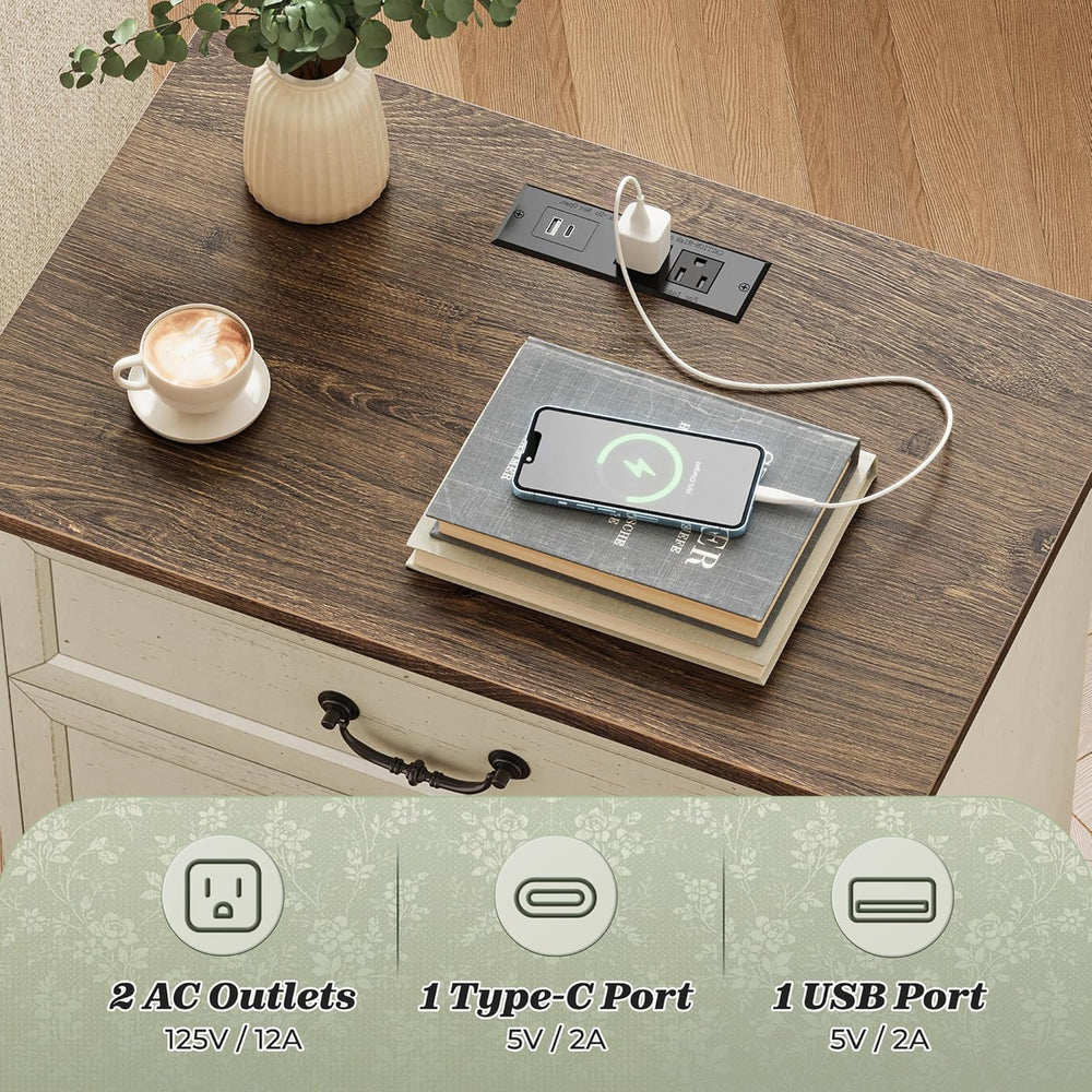 Huuger Nightstand with Charging Station, 3 Drawer Night Stand Set of 2, 22 In...