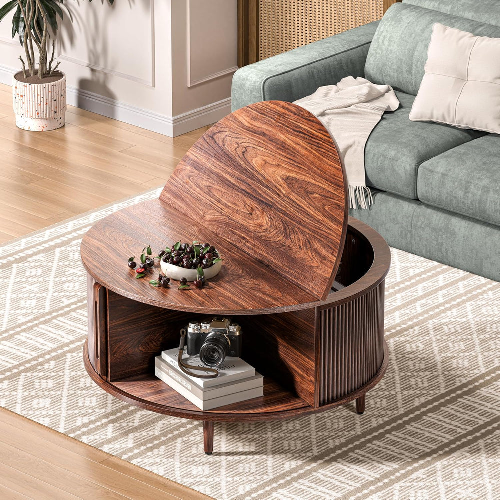 Round Coffee Table, 31.5" Fluted Center Table with Storage, Lift-Top Cof...