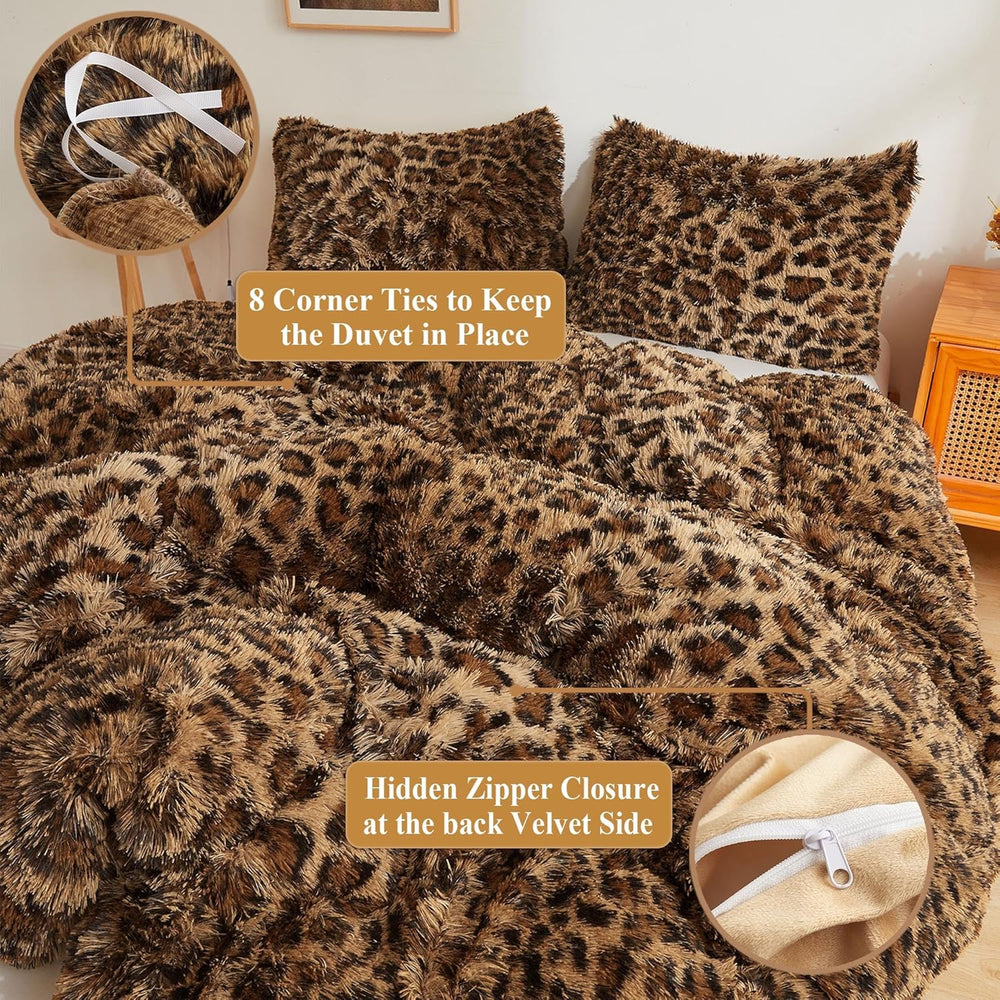 XeGe Cheetah Print Fluffy Faux Fur Duvet Cover Set, Queen, Leopard Brown