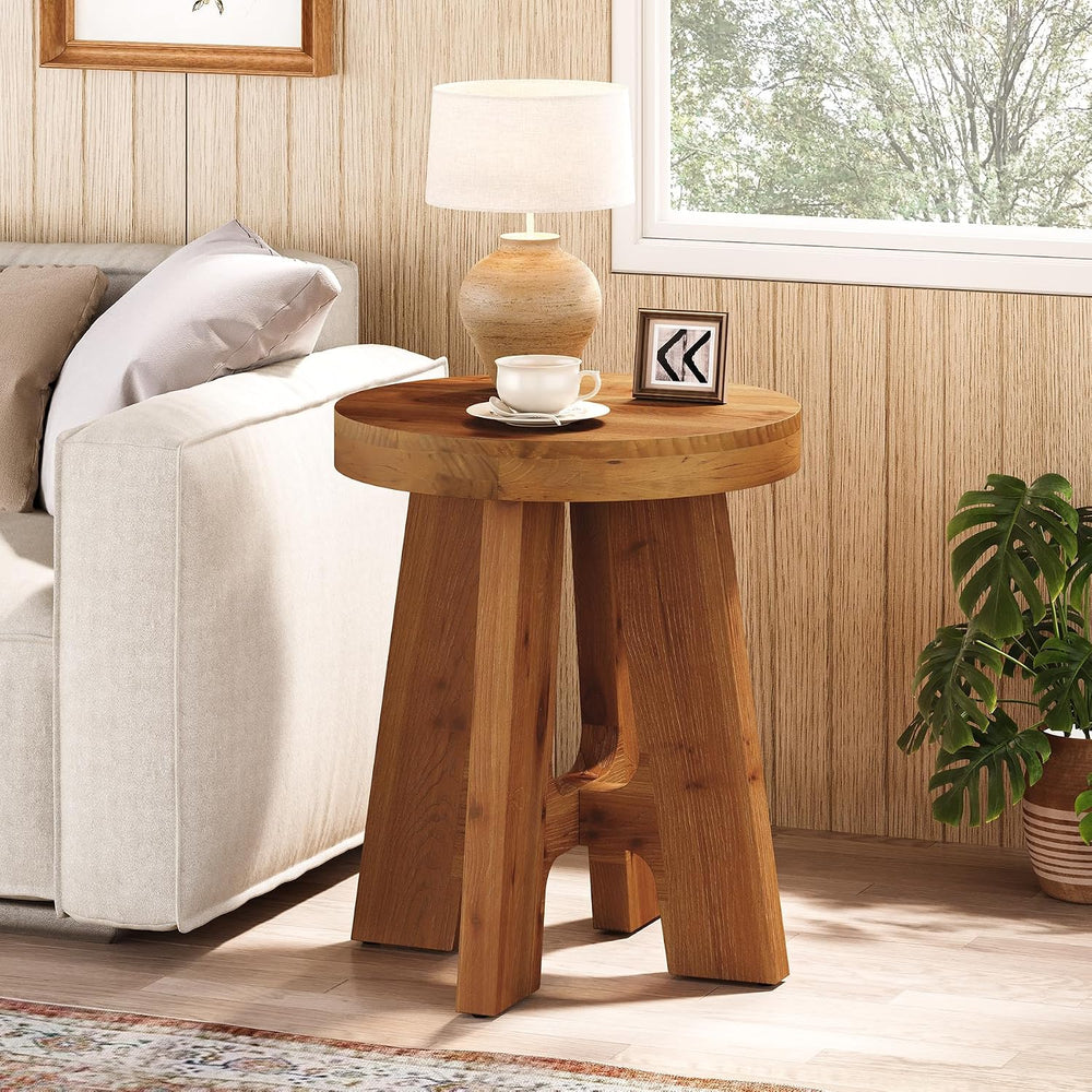 Round Side Table, Farmhouse Solid Wood End Table for Couch, Mid Century Moder...
