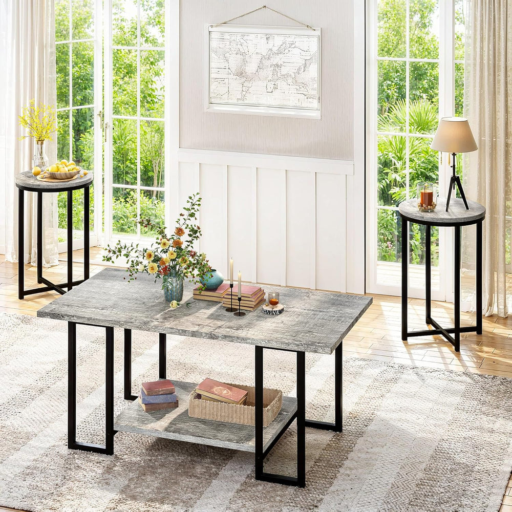 AWQM Coffee Table Set of 3, Modern Wood Living Room Table Set, Gray | Gray wo...