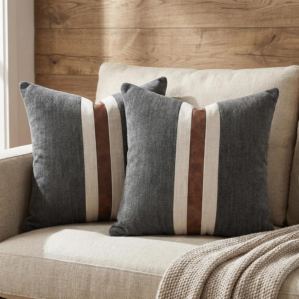 Set of 2 Leather Throw Pillow Covers Cotton Linen Decor Patchwork Pillow Cove...