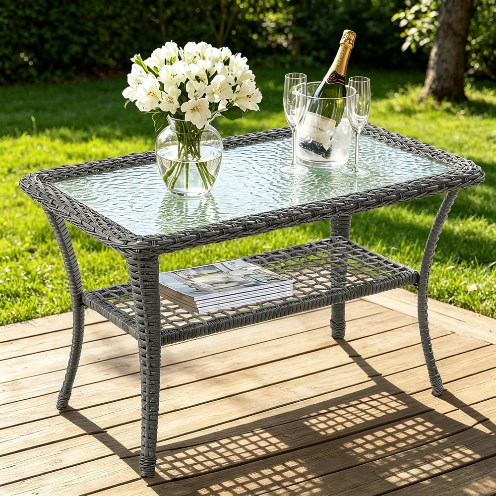 MEETWARM Wicker Patio Coffee Table, 34.5" Rectangle Outdoor Coffee Table...