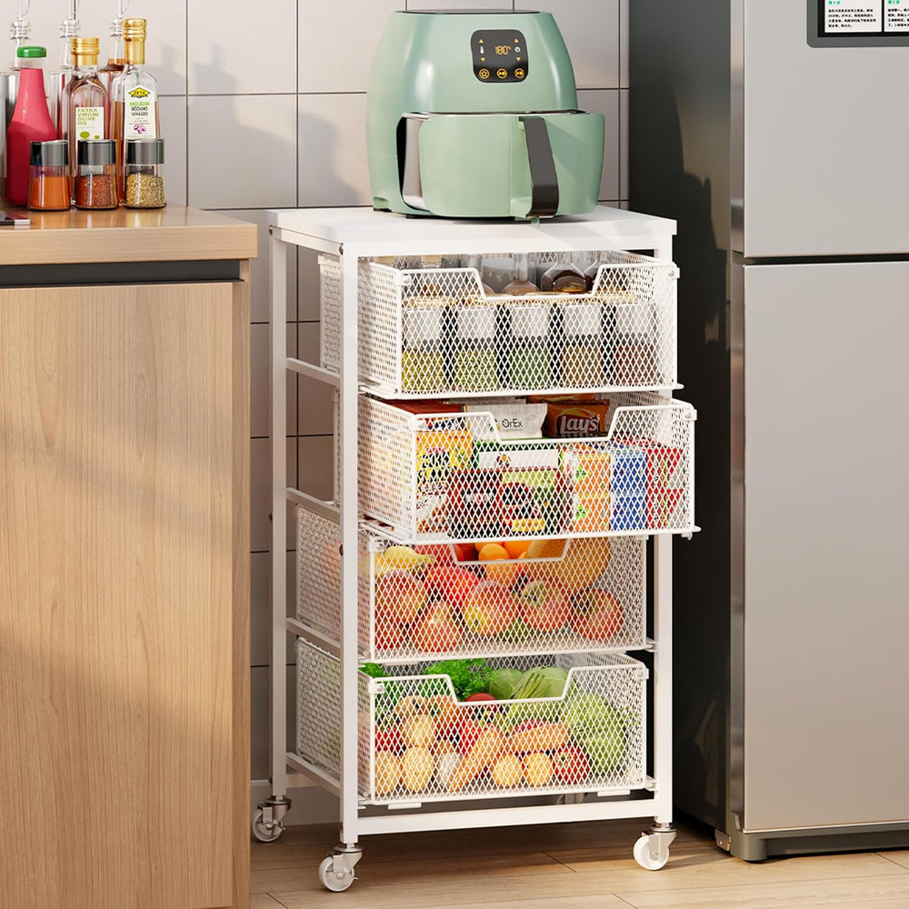 4-Tier Kitchen Storage Cart - Fruit Vegetable Storage Cart with Drawers, Wood...