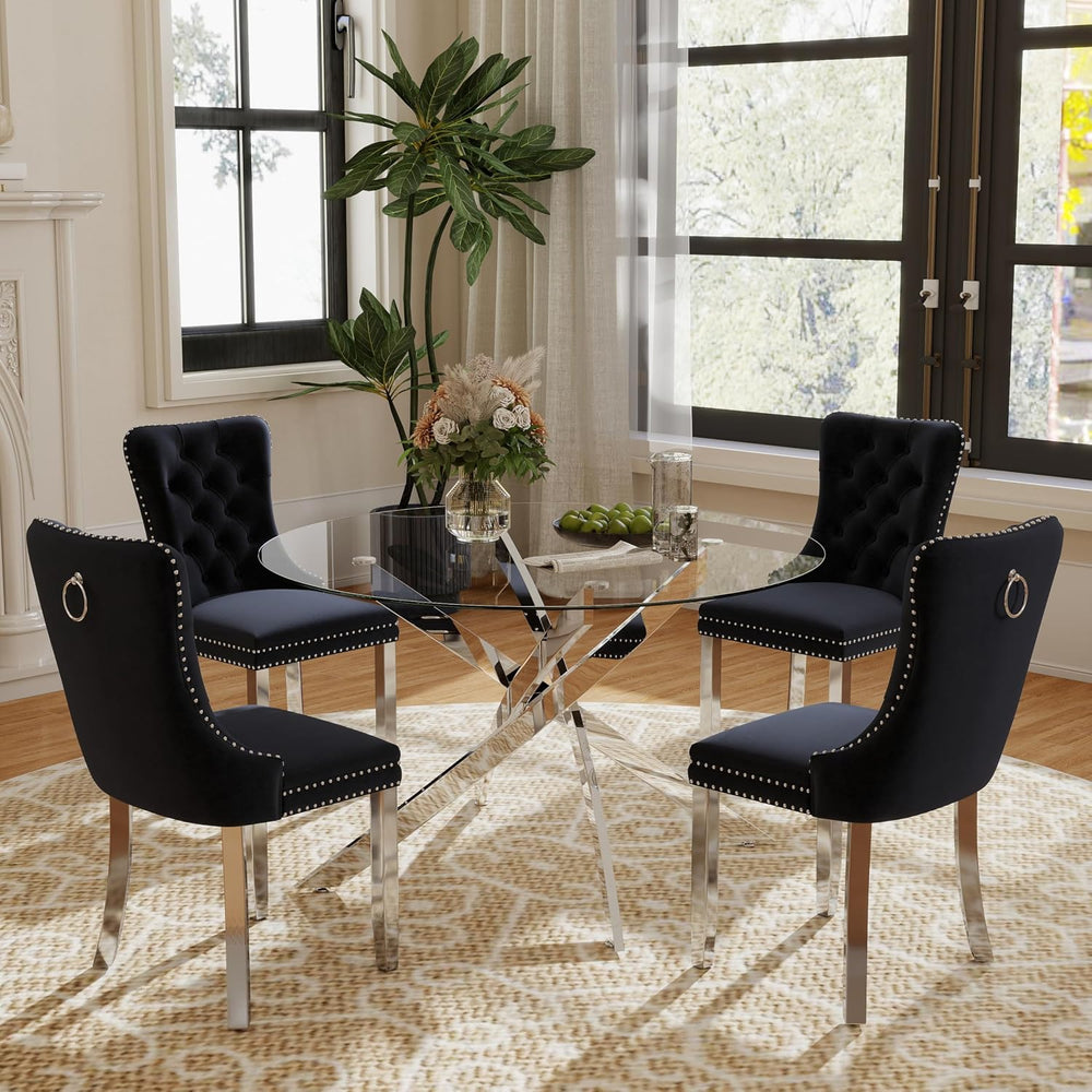 Clear Round Glass Top Dining Set for 4, 36'' Modern Luxury Circle Din...