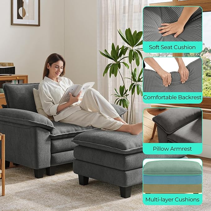 LINSY HOME Cloud Sofa Accent Chair with Ottoman Chaise Lounge Chair Indoor, C...