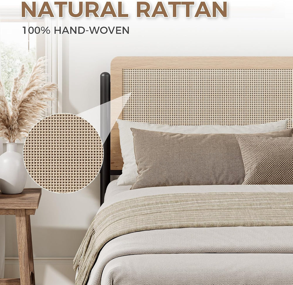 LIKIMIO Natural Rattan Queen Bed Frame with Wooden Headboard