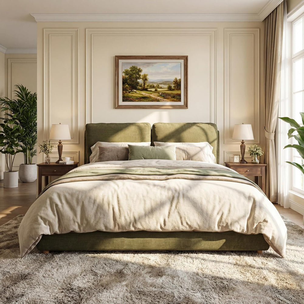 Merax Queen Linen Blend Platform Bed with 2 Headboard Pillows, Olive Green