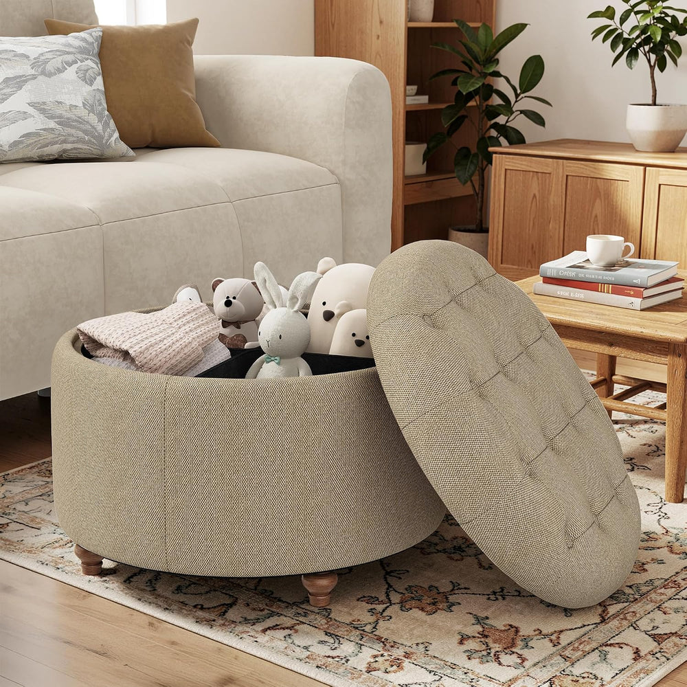 25" Round Ottoman with Storage, Small Coffee Table with Reversible Tray Lid