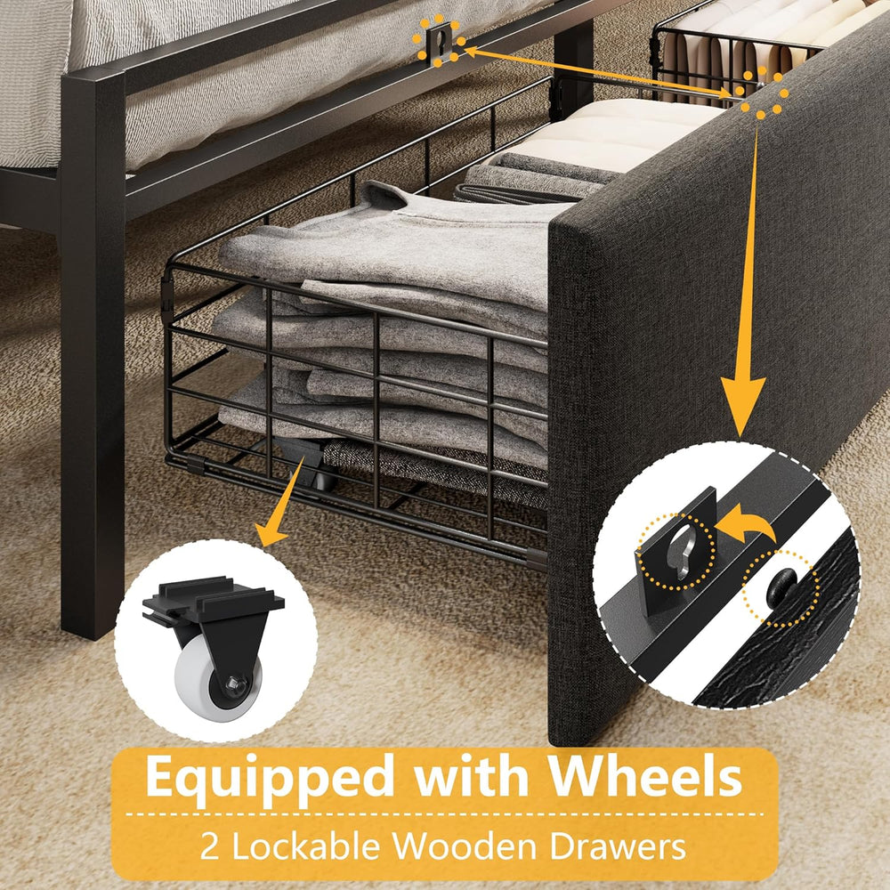 Furnulem Full Size Bed Frame with Headboard, Drawers, Charging Station, LED