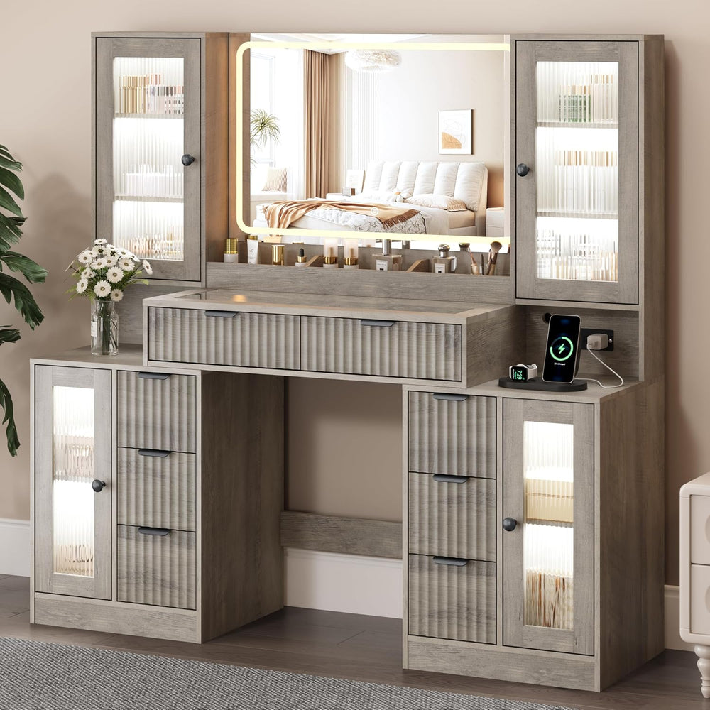 Fluted Vanity Desk with Mirror & Lights | 8 Drawers & 4 Cabinets, Tem...