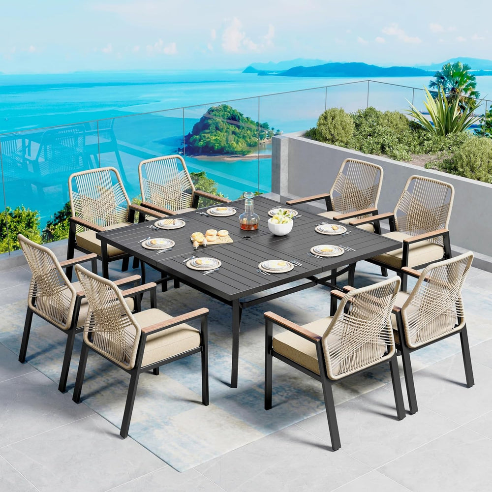 SUNSHINE VALLEY 9pc Patio Dining Set, 57.5" Square Table & 8 Rattan ...