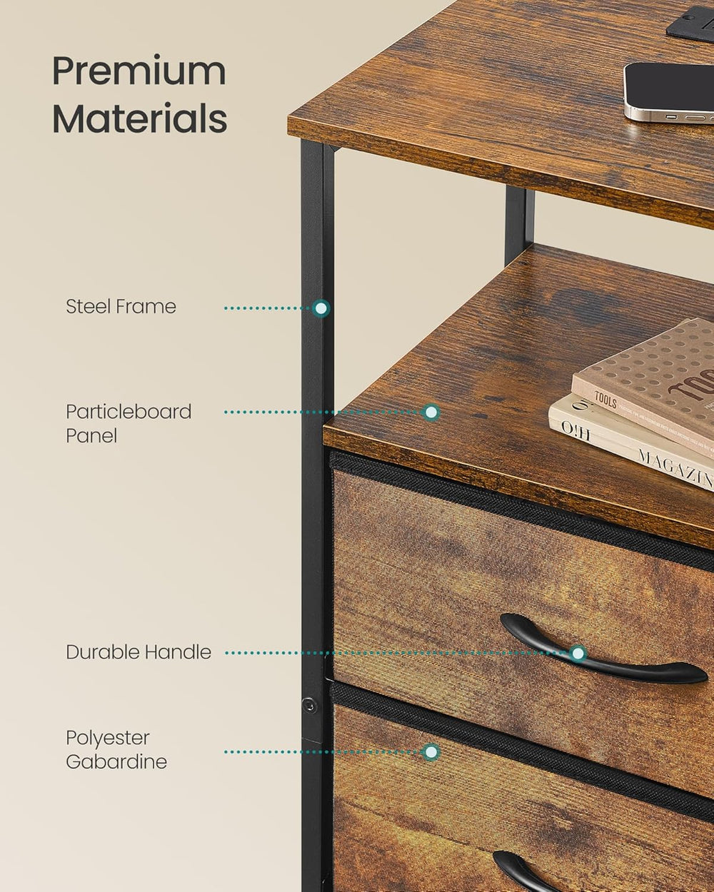 SONGMICS LED Nightstand with Charging Station, 2 Fabric Drawers, Brown
