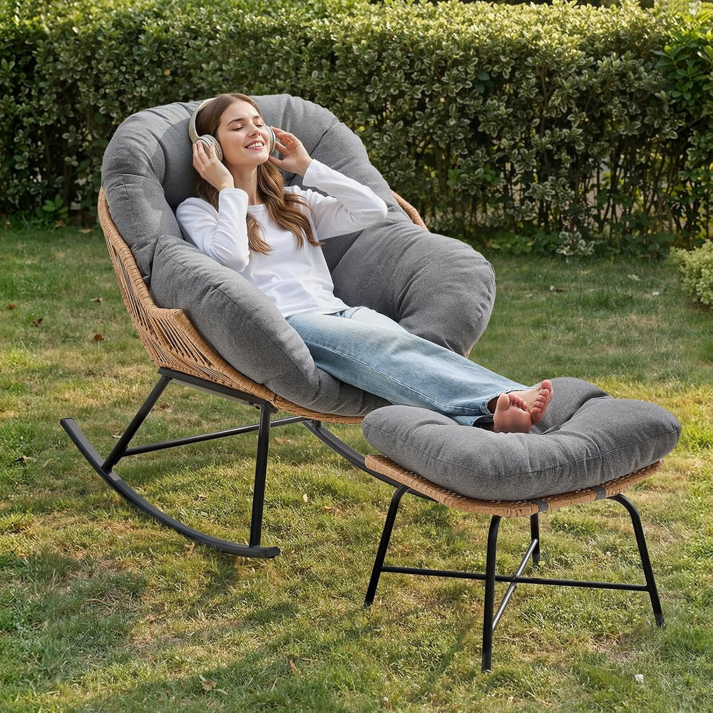 ONBRILL Papasan Rocking Chair with Ottoman,Oversized Papasan Chair with Padde...