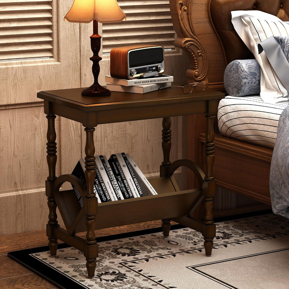 LKTART Wood End Table, Vintage Sofa Side Table with Magazine Rack and Rubberw...