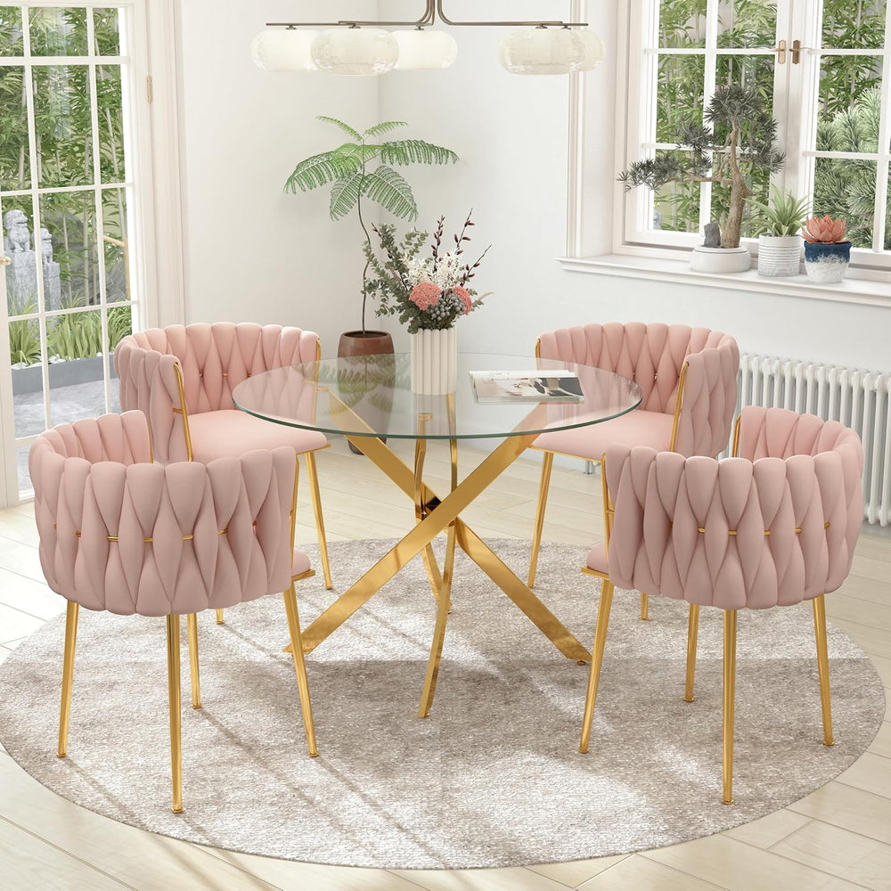 Gold Luxury Round Glass Dining Table Set for 4, 5 Pcs Clear Circle Glass Top ...