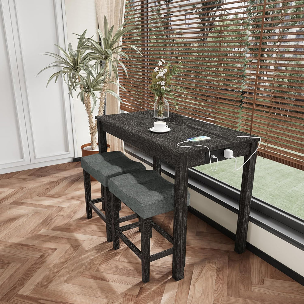 allamazing 3-Piece Counter Height Bar Table Set with Socket and 2 Fabric Padd...