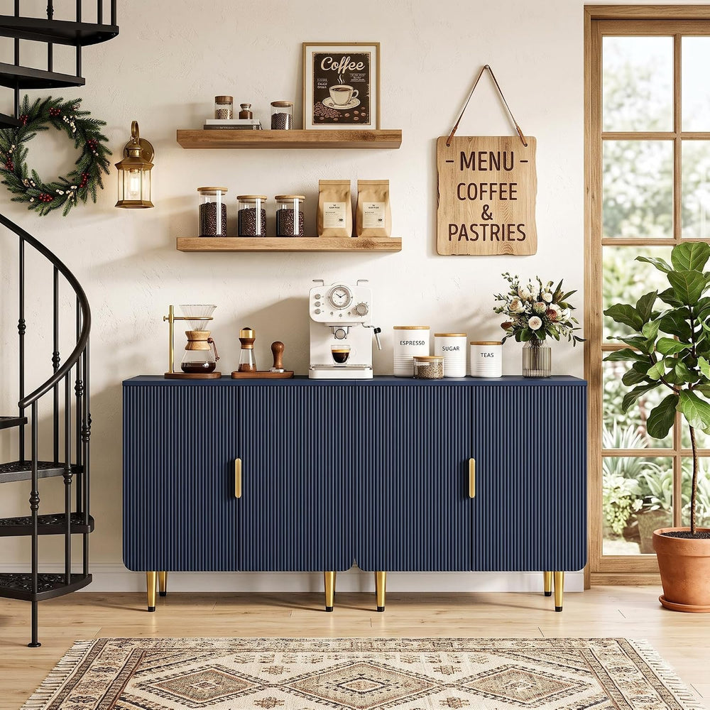 WelFurGeer Blue Fluted 2-Door Buffet Cabinet, Modern Coffee Bar & Sideboard