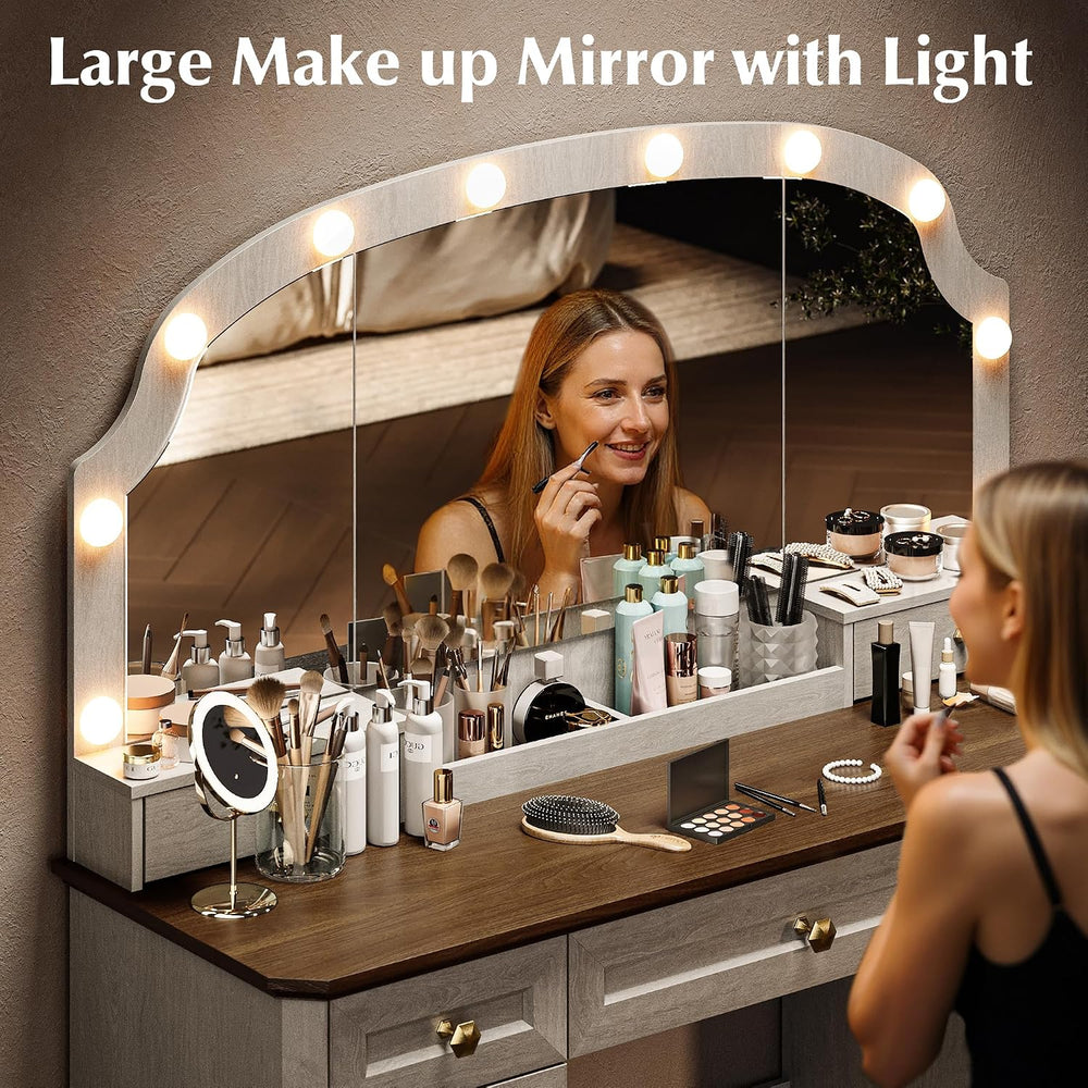 Farmhouse Makeup Vanity Desk with Mirror and Lights, 47'' Vanity Tabl...