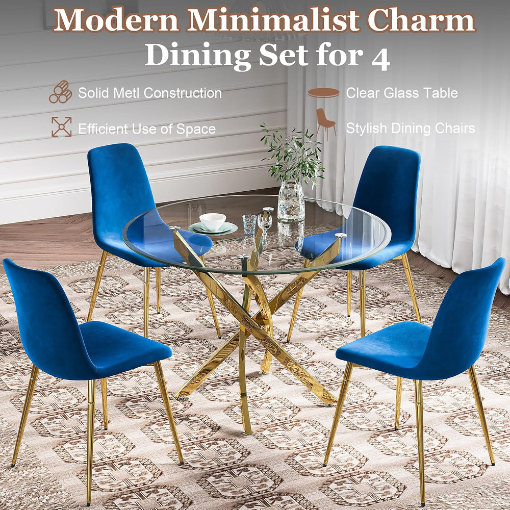 5-Piece Glass Dining Table Set, Modern Round Gold Dining Room Set with Temper...