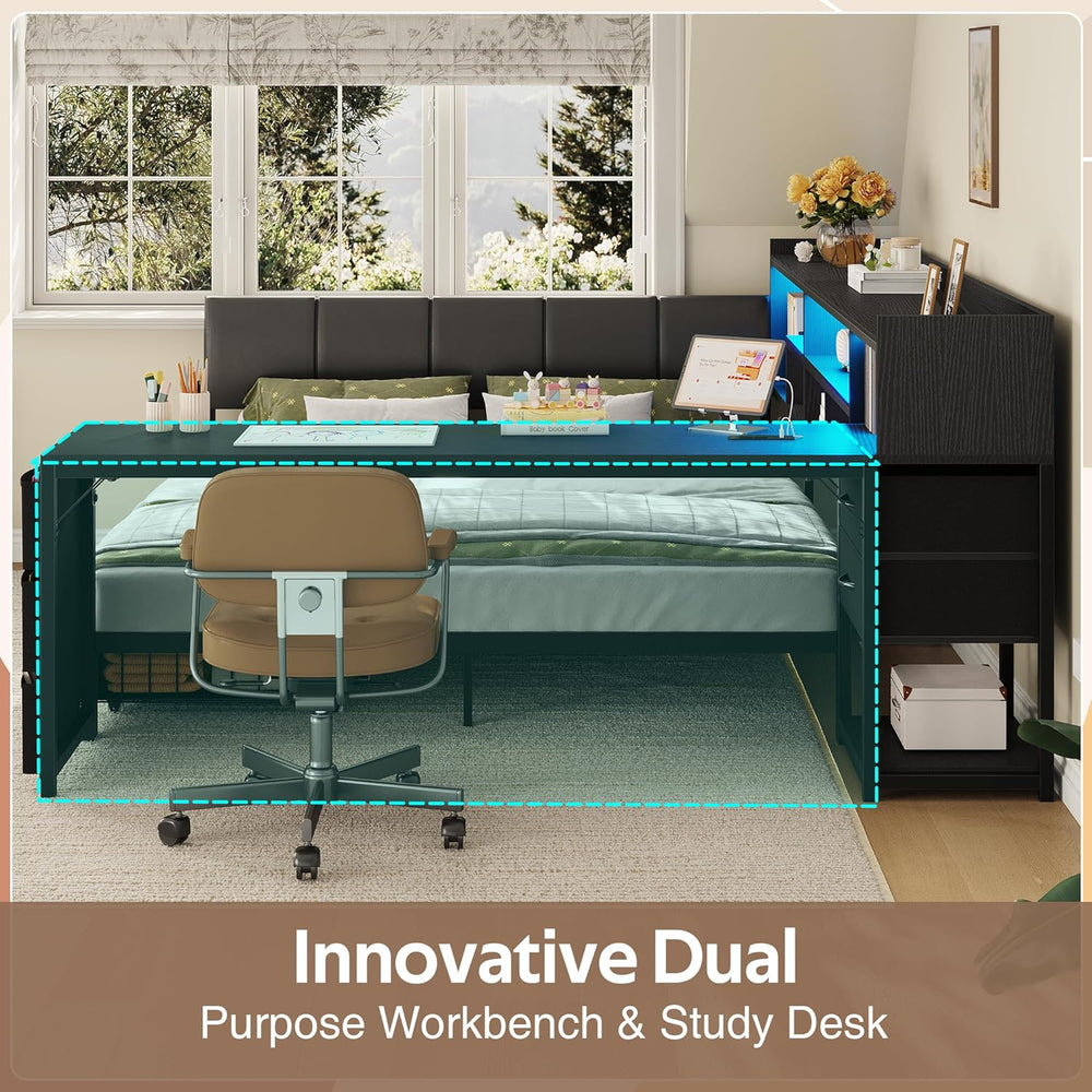 Dnxao Corner Bed Frame Full with Storage and Desk & 7 Bookcases, Black