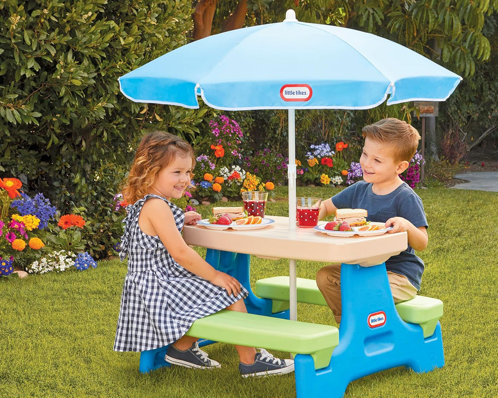 Little Tikes Easy Store Jr. Picnic Table with Umbrella - Blue / Green, 27.25&...