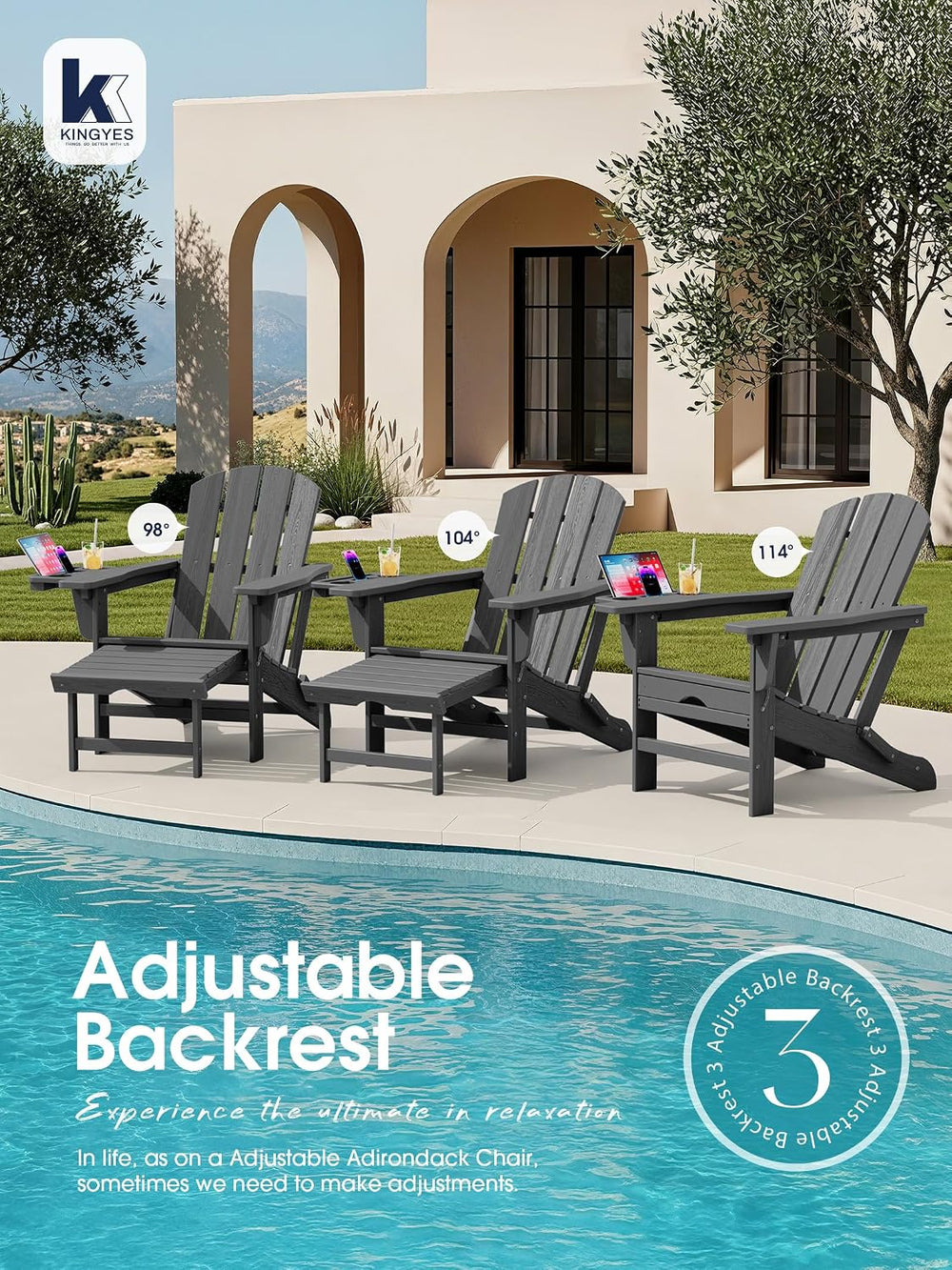 KINGYES Adjustable Folding Adirondack Chair with Footrest & 4-in-1 Multi-...