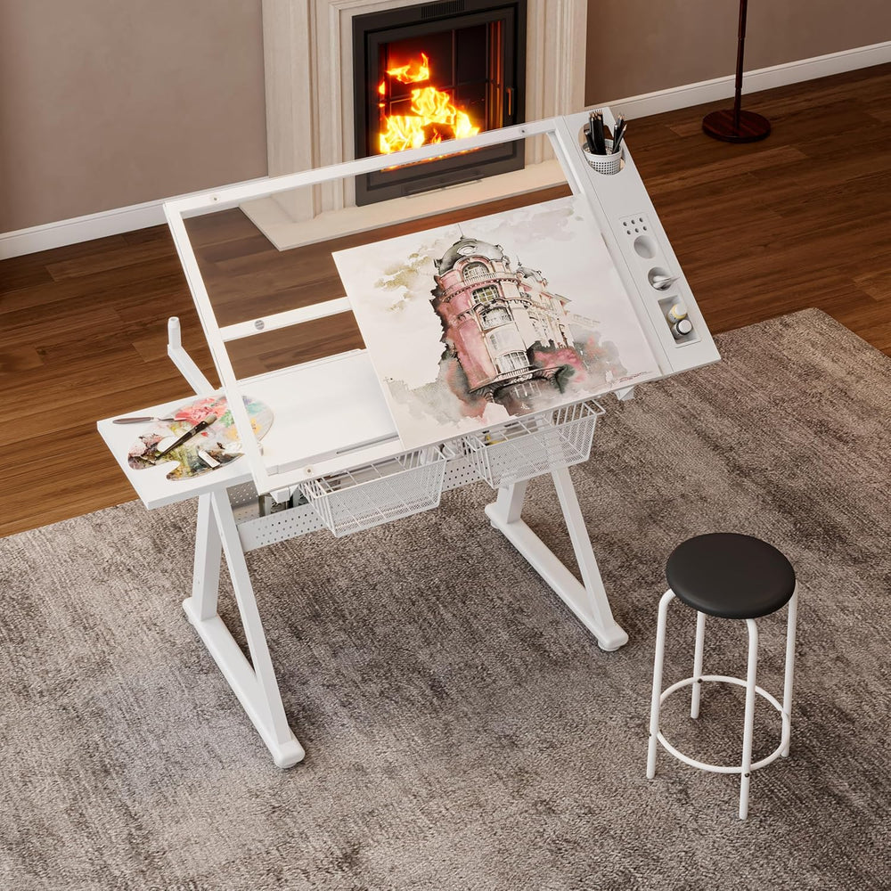 Drafting Table w/Art Stool, Hand Crank Height Adjustable Drawing Desk for Adu...