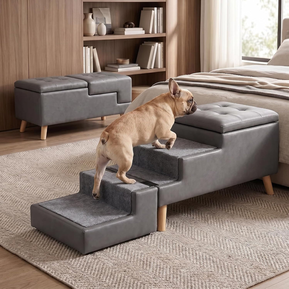 19.7" H Leather Dog Stairs for Large Dogs 3-in-1 Dog Stairs&Ottoman