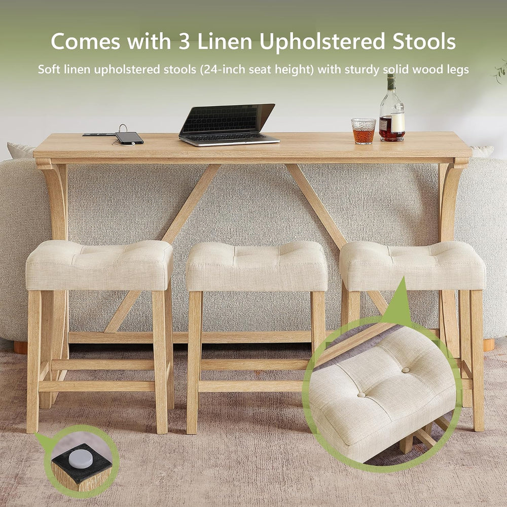 Merax 59 Inch Industrial Bar Table Set with Power Outlet, 3 Linen Upholstered...