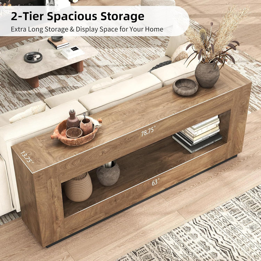 Epecoya 78 Inch 2-Tier Extra Long Console Table, Oak Brown Wood Sofa Table | ...