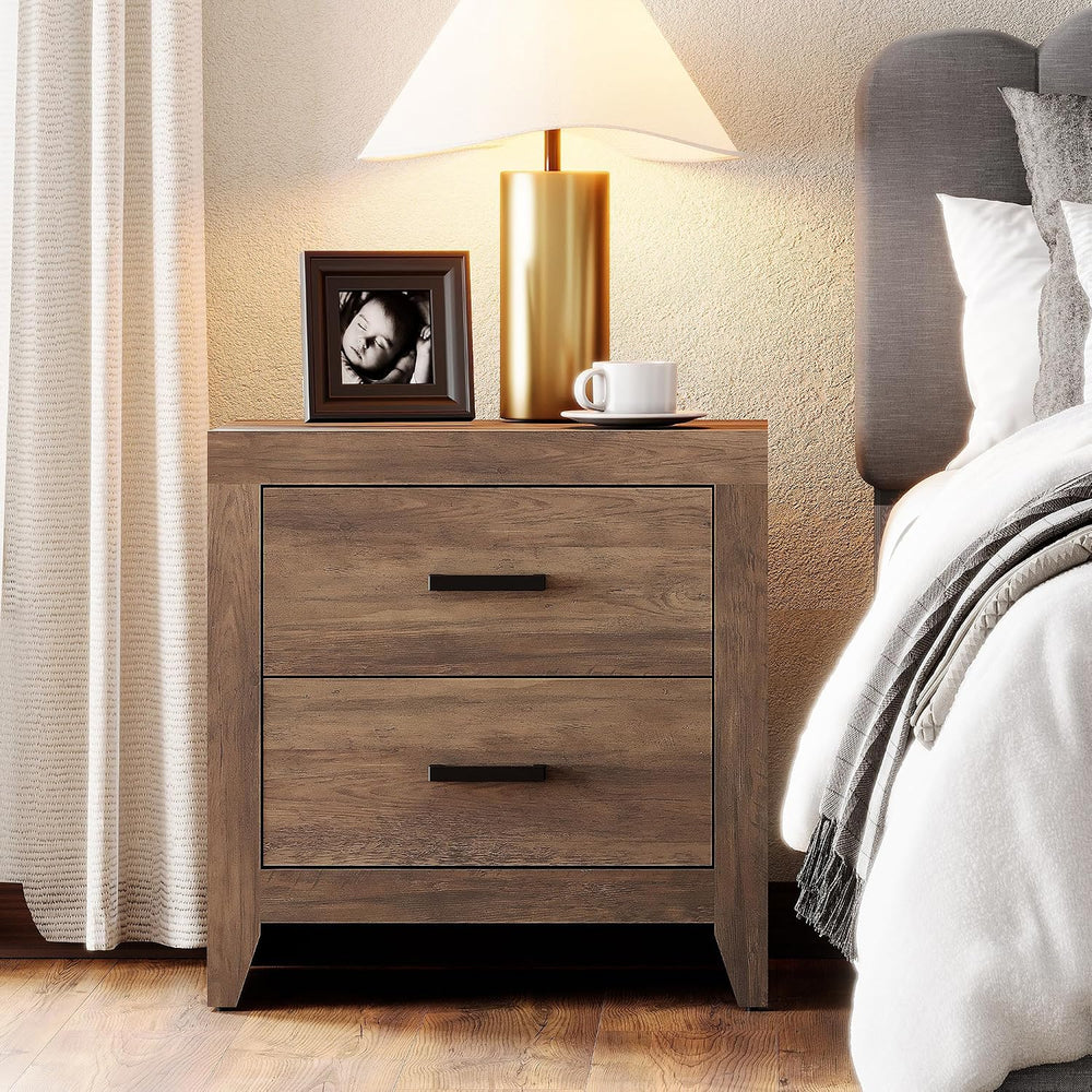 WAMPAT End Table with 2 Large Drawers, Wooden Side Table with Storage, Farmho...