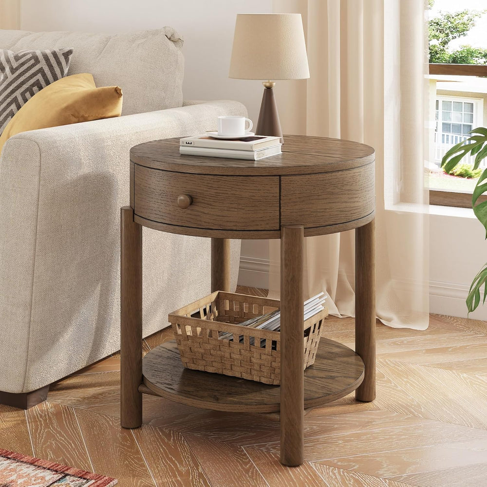 Solid Wood 24" Round End Table with Drawer, 2-Tier Small Sofa Side Table...