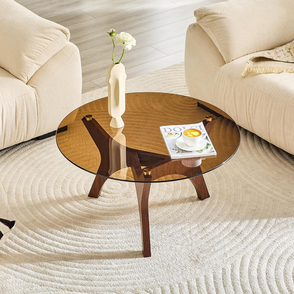 31.5" Glass Coffee Table, Mid-Century Modern Style, Walnut | Tempered gl...