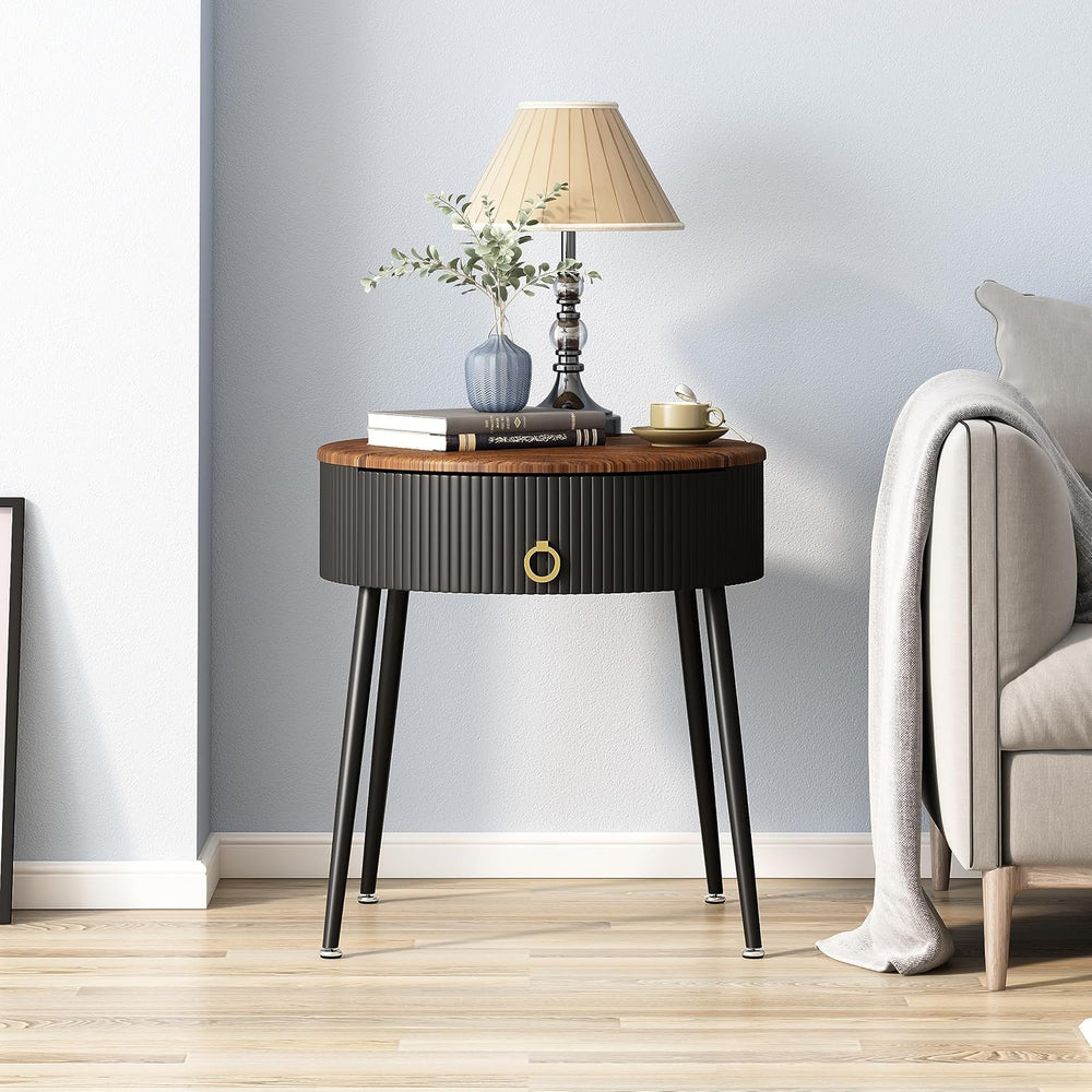 OIOG End Tables Set of 2, Wood Grain Bedside Tables with Drawer, Black