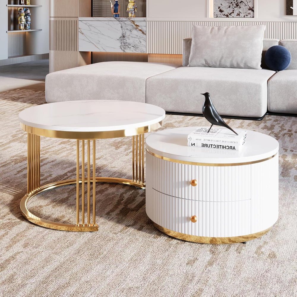 WILLIAMSPACE 27.6" Round Nesting Coffee Table with 2 Drawers, Modern Woo...
