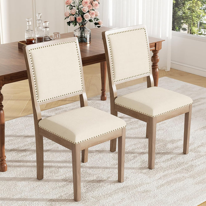 Dining Chairs Set of 2, Mid Century Modern Upholstered Dining Room Chairs, Fabric High Back Kitchen Chairs with Nailhead Trim and Wood Legs for Living Room Kitchen Restaurant, Beige