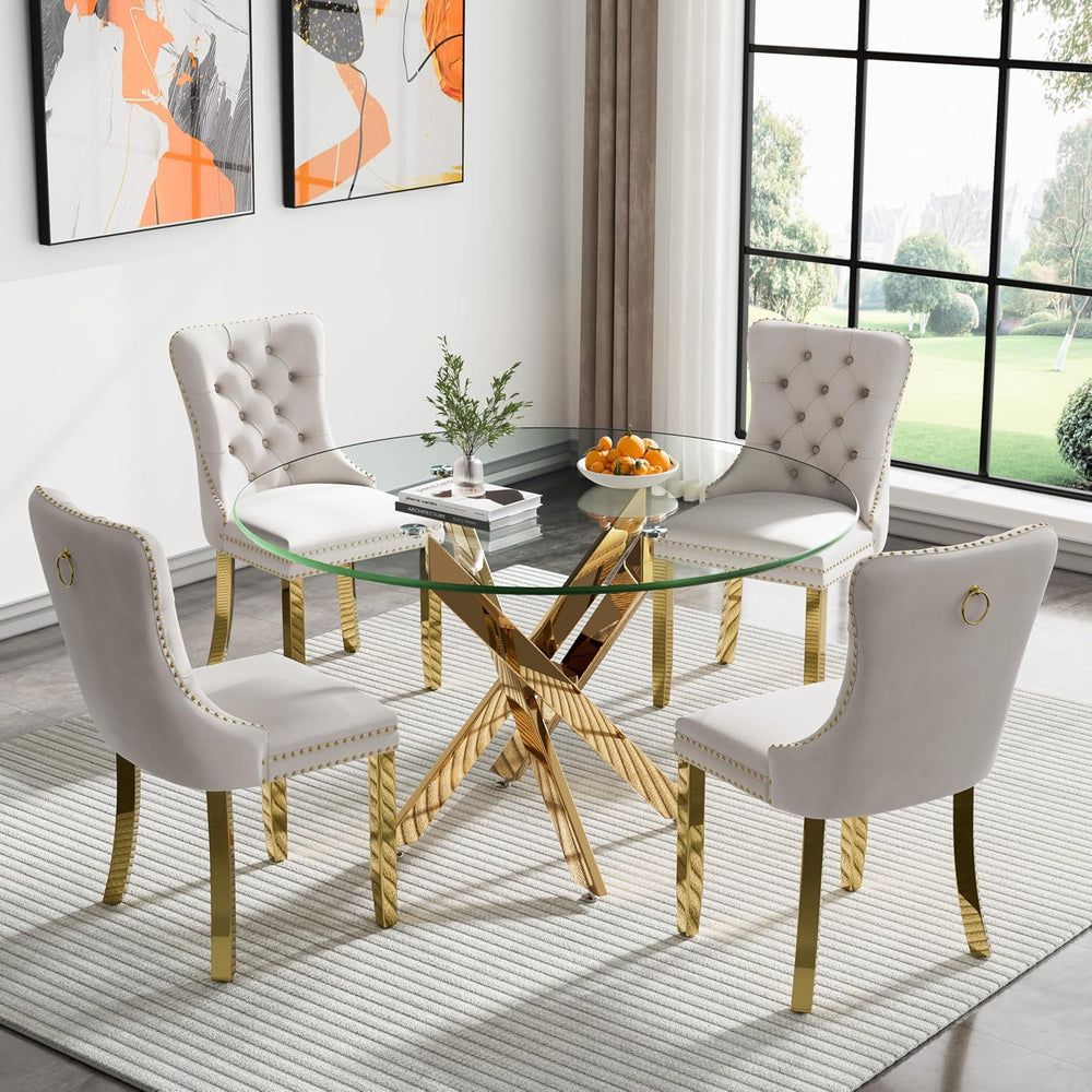 Round Glass Dining Table Set for 4, Small Kitchen Table Set for 4, 47" C...